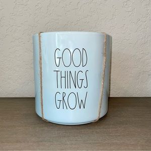 RAE Dunn GOOD THINGS GROW 8-Inch Cylinder Flower Pot, Pale Blue, Glossy Finish